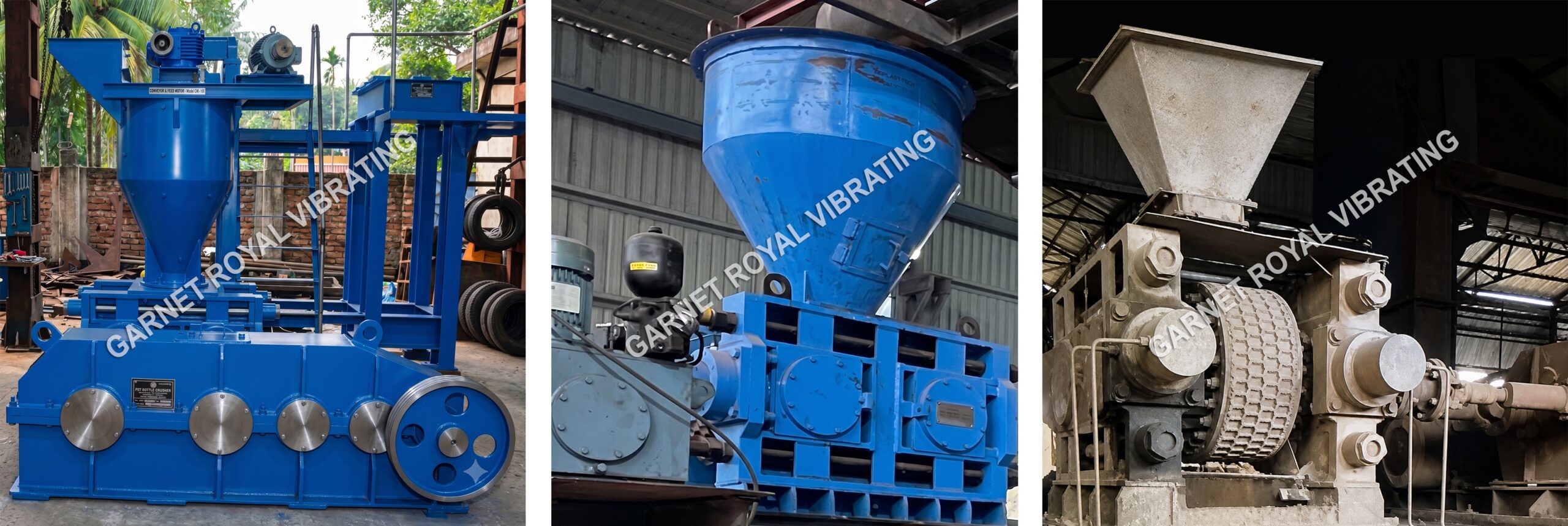 Three views of the Garnet Royal hydraulic roller briquetting press: the complete machine, the feed hopper and belt drive, and the pocketed compaction rolls